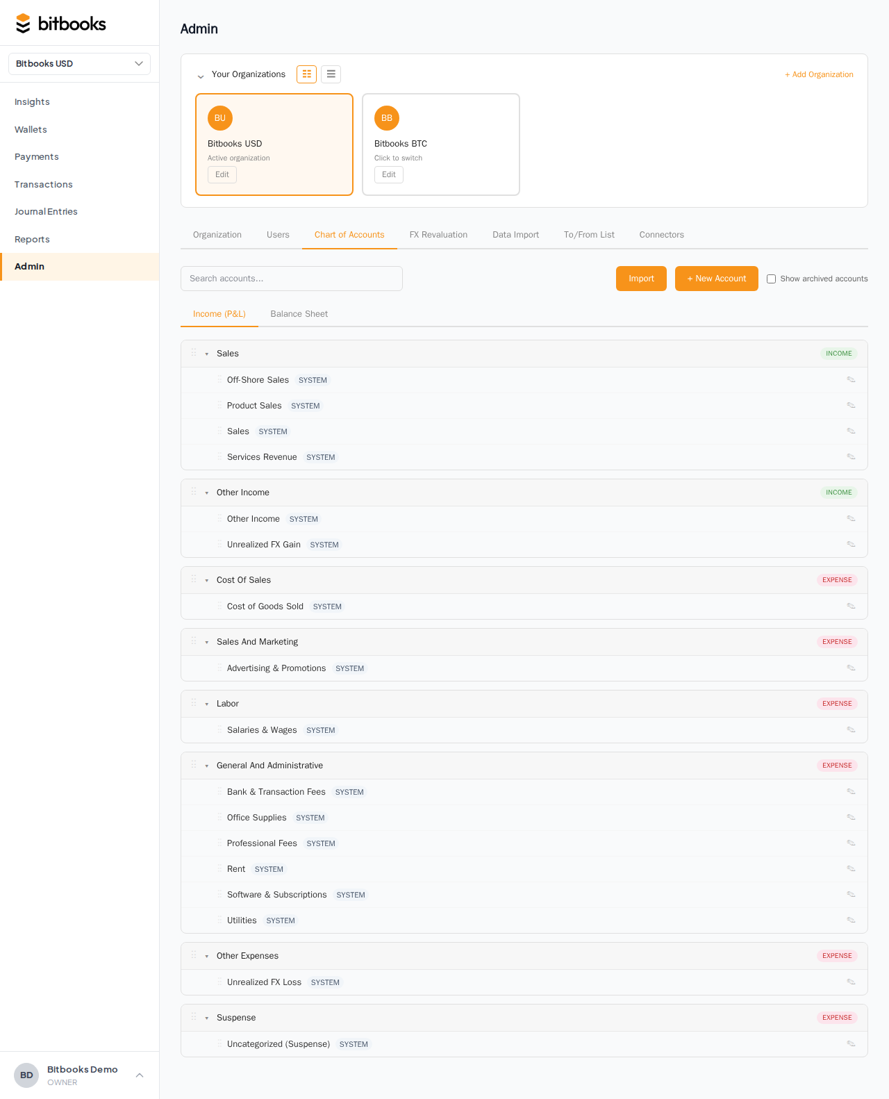 Admin → Chart of Accounts page with the New Account button highlighted, then the modal showing the create form