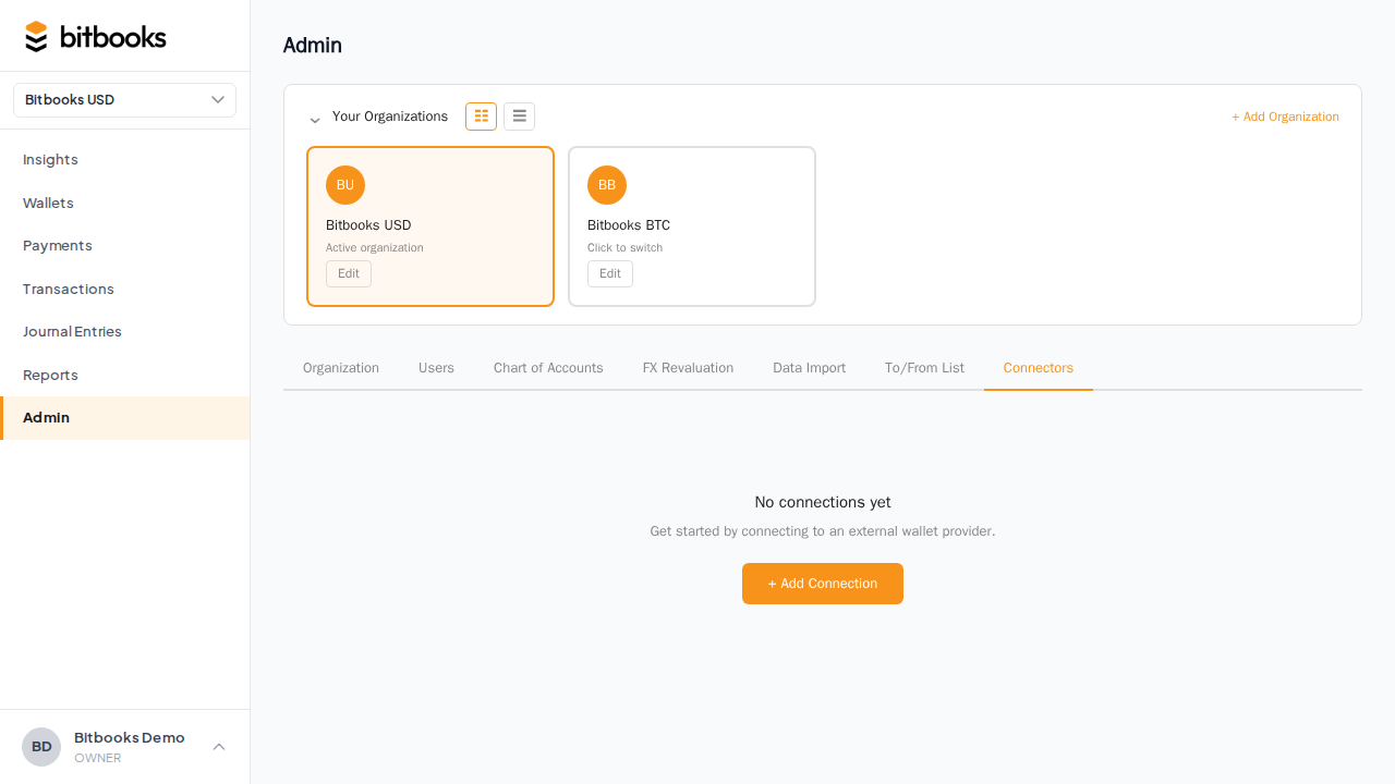 Admin page with the Connectors tab highlighted in the top tabs row