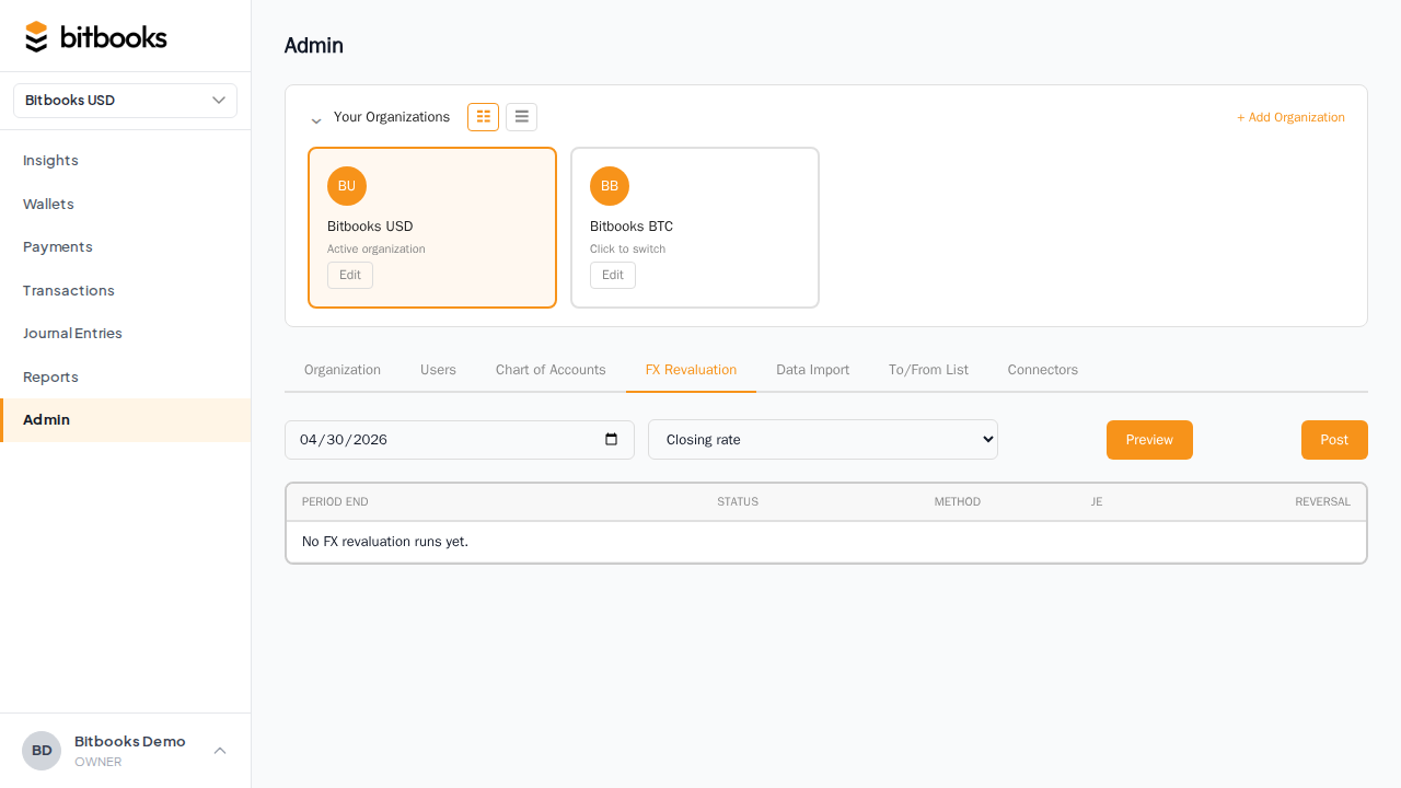 FX Revaluation modal showing date selector, method dropdown, framework toggle, Preview button