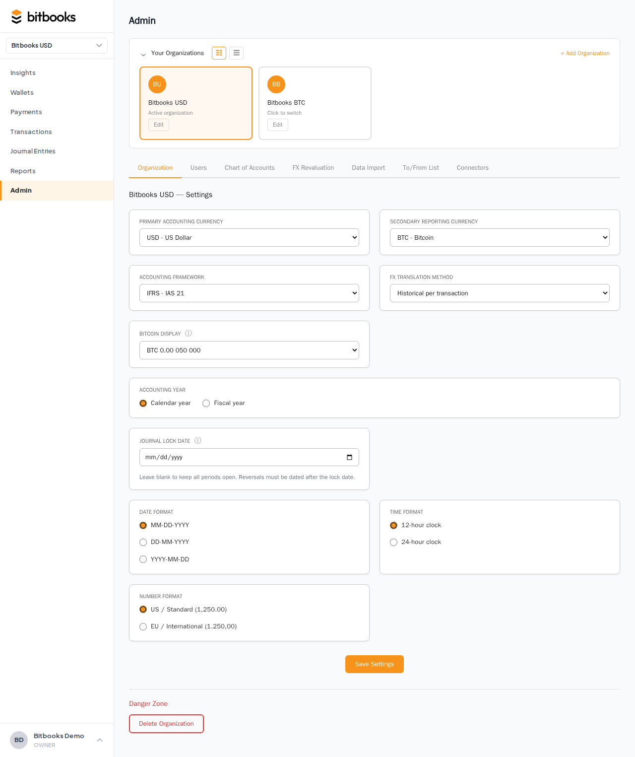Admin Organizations tab showing a list of orgs with the New Organization button