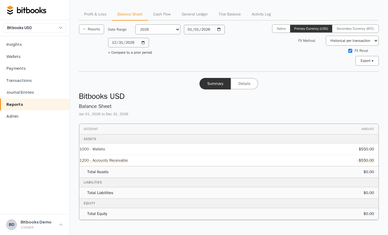Reports page on the Balance Sheet tab, full report visible with the as-of date selector