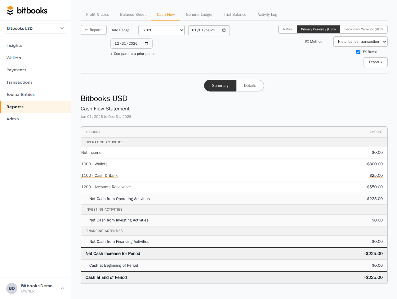 Reports page on the Cash Flow tab showing the three-section layout