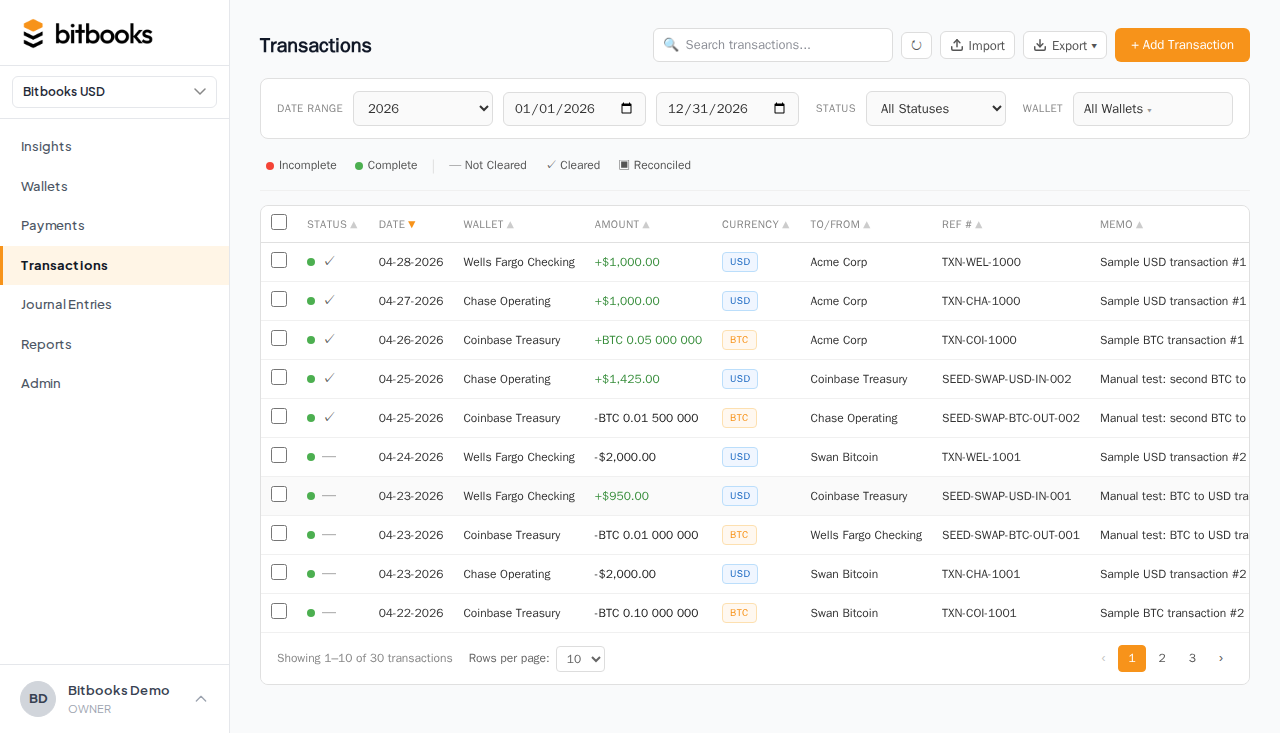 Transactions table row with a Draft badge highlighted