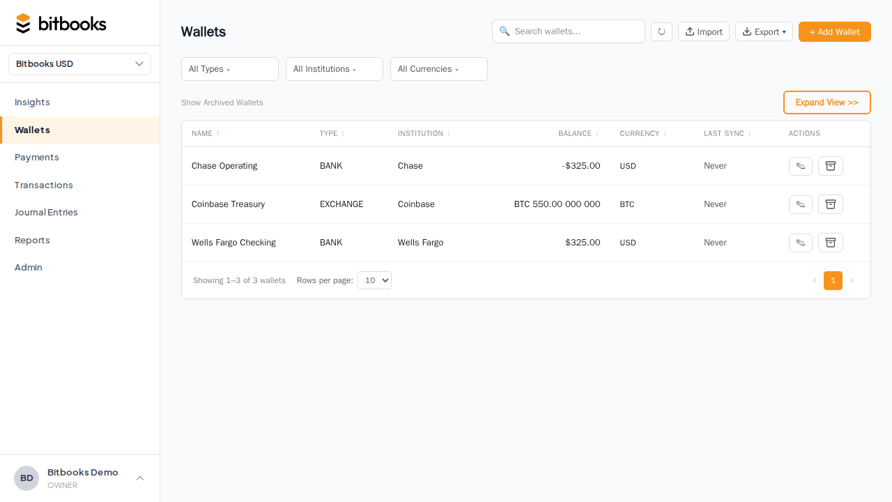 Wallets page with one wallet showing an Error status badge