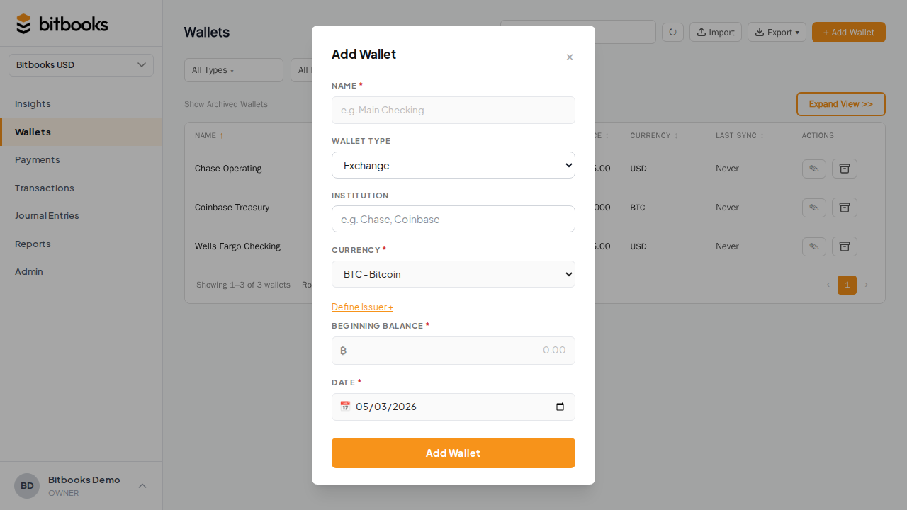 New Wallet modal with all the fields visible and example values filled in
