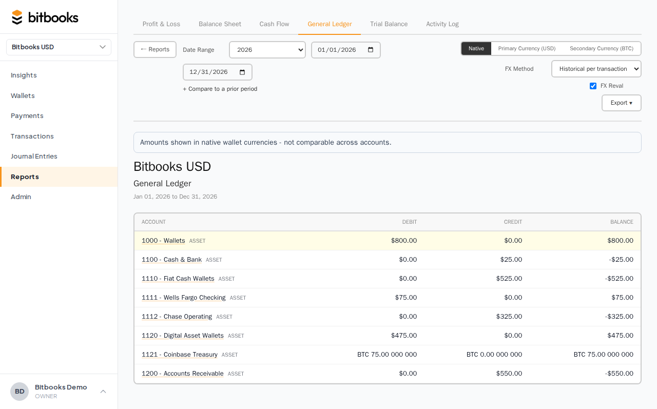 GL filtered to a single account showing the focused detail view